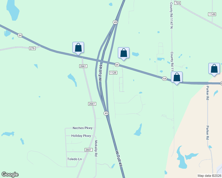 map of restaurants, bars, coffee shops, grocery stores, and more near 1240 County Road 1128 in Tyler