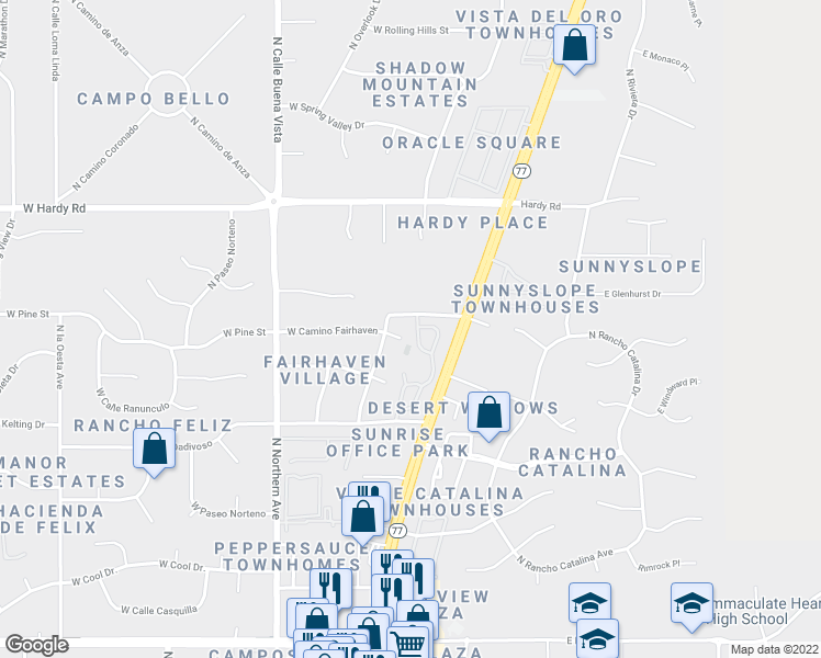map of restaurants, bars, coffee shops, grocery stores, and more near 8588 North Calle Tioga in Tucson
