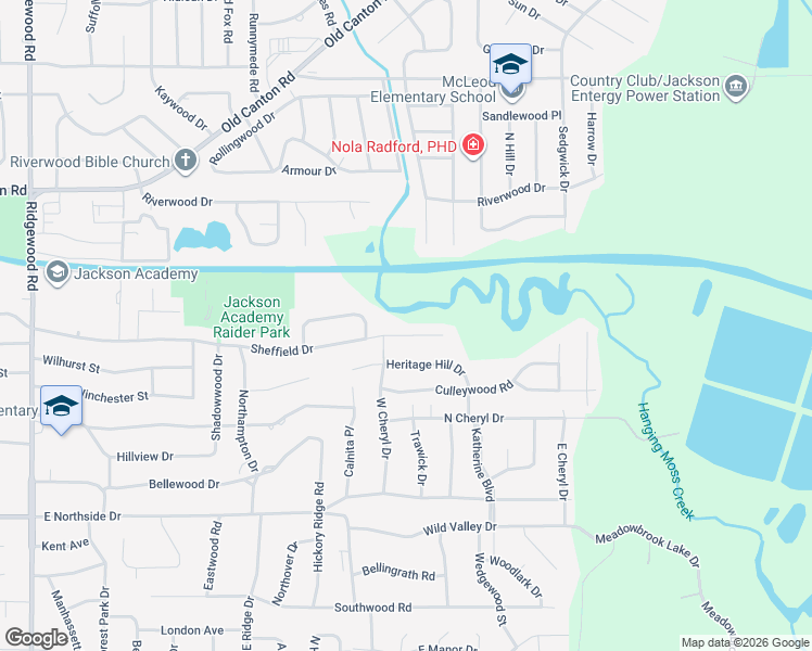 map of restaurants, bars, coffee shops, grocery stores, and more near 2200 Sheffield Drive in Jackson