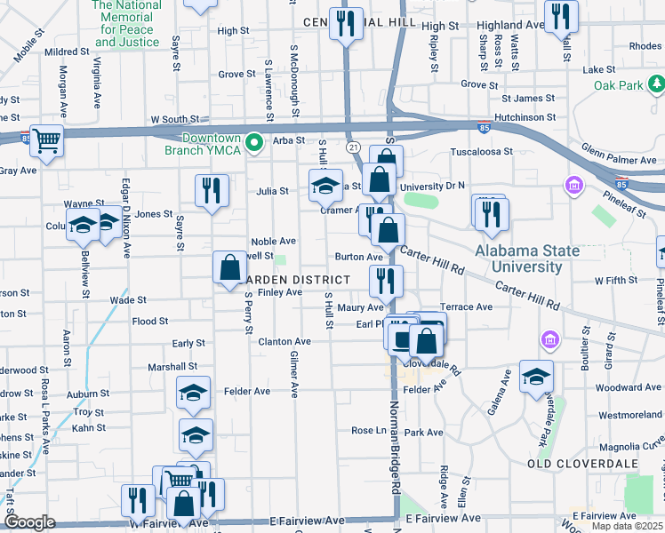 map of restaurants, bars, coffee shops, grocery stores, and more near 418 Burton Avenue in Montgomery