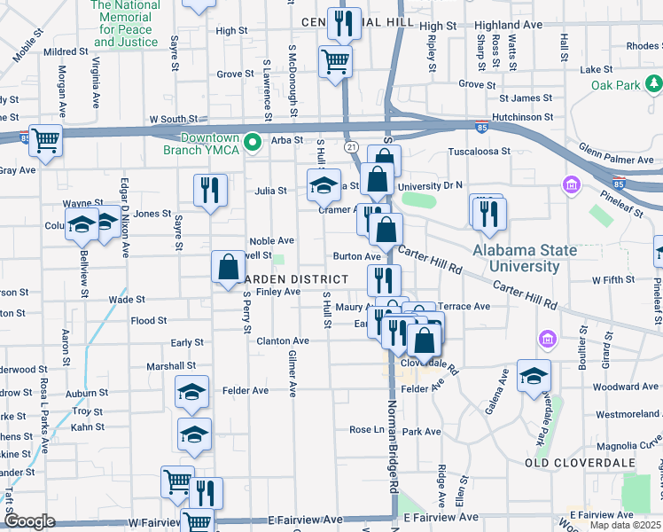 map of restaurants, bars, coffee shops, grocery stores, and more near 418 Burton Avenue in Montgomery
