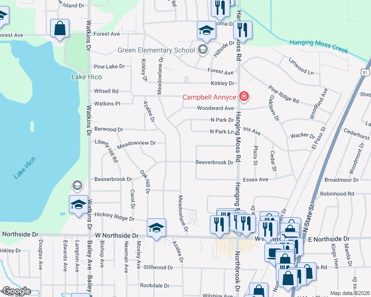 map of restaurants, bars, coffee shops, grocery stores, and more near 4136 Meadowlane Drive in Jackson