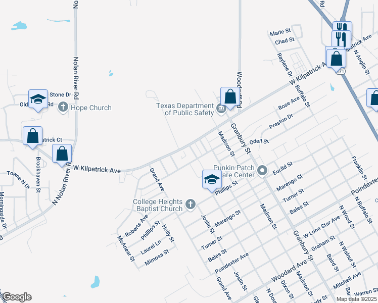 map of restaurants, bars, coffee shops, grocery stores, and more near 1915 Starling Court in Cleburne