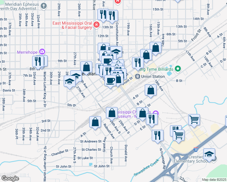 map of restaurants, bars, coffee shops, grocery stores, and more near 2334 Front Street in Meridian