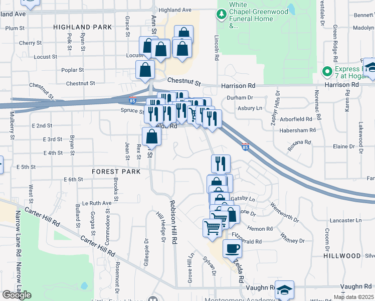 map of restaurants, bars, coffee shops, grocery stores, and more near 2200 F Scott Court in Montgomery