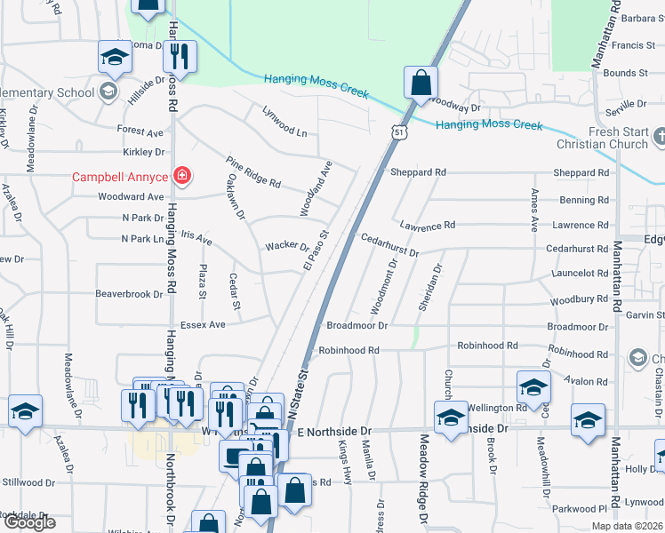 map of restaurants, bars, coffee shops, grocery stores, and more near 4220 El Paso Street in Jackson
