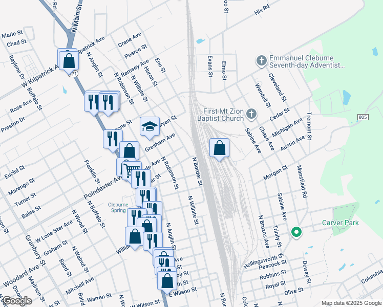 map of restaurants, bars, coffee shops, grocery stores, and more near 1002 North Border Street in Cleburne