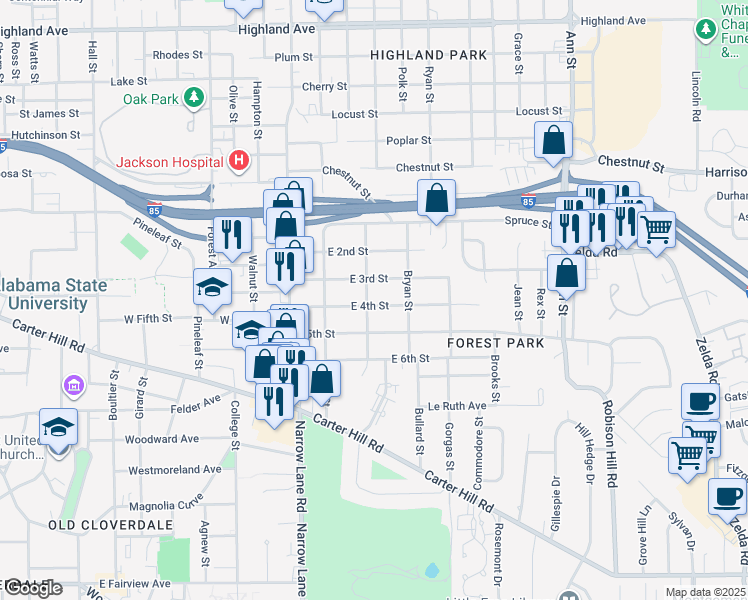 map of restaurants, bars, coffee shops, grocery stores, and more near 2205 East 4th Street in Montgomery