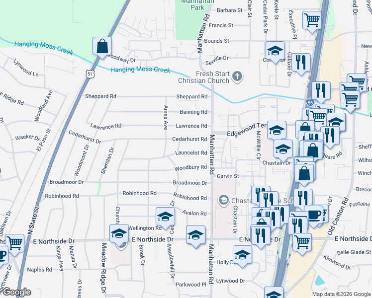 map of restaurants, bars, coffee shops, grocery stores, and more near 740 Launcelot Road in Jackson