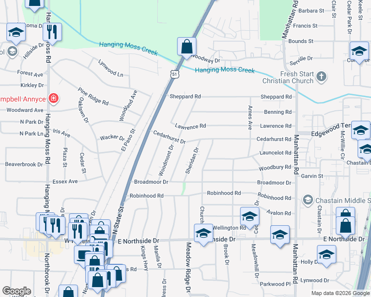 map of restaurants, bars, coffee shops, grocery stores, and more near 4876 Maplewood Drive in Jackson