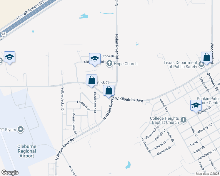 map of restaurants, bars, coffee shops, grocery stores, and more near 1402 Courtney Place in Cleburne