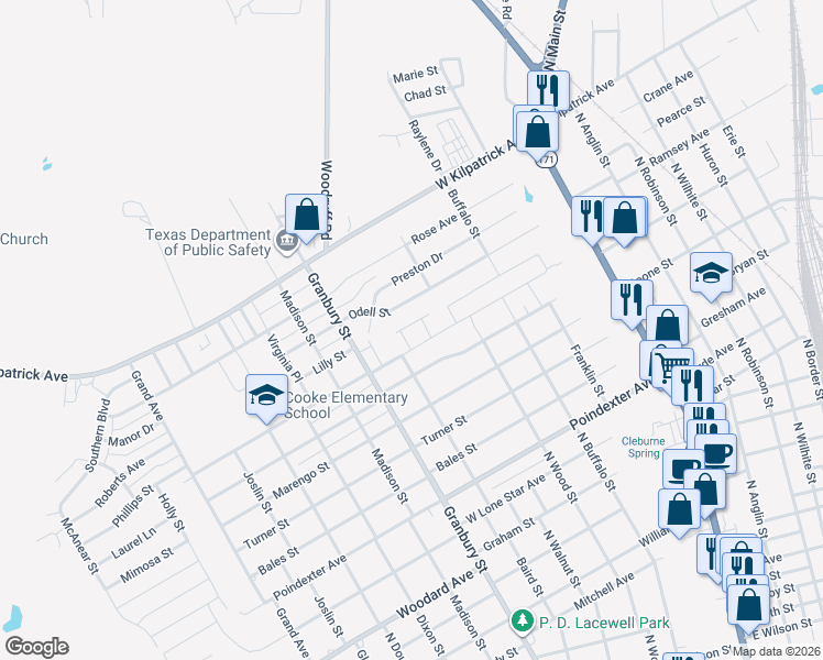 map of restaurants, bars, coffee shops, grocery stores, and more near 400 Phillips Street in Cleburne