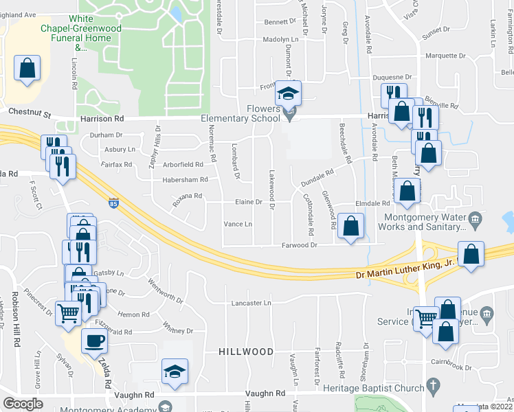 map of restaurants, bars, coffee shops, grocery stores, and more near 1201 Karen Road in Montgomery