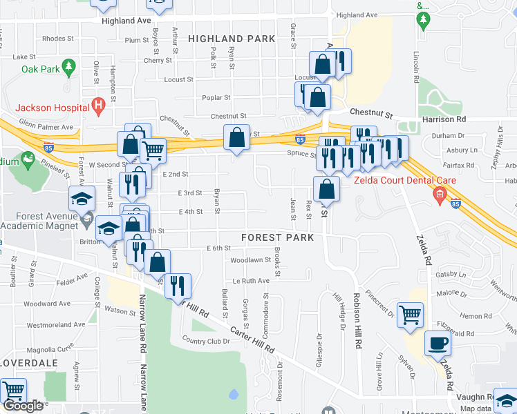 map of restaurants, bars, coffee shops, grocery stores, and more near 2423 East 4th Street in Montgomery