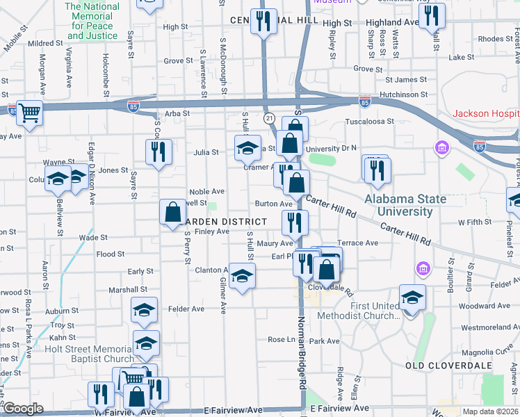 map of restaurants, bars, coffee shops, grocery stores, and more near 418 Burton Avenue in Montgomery