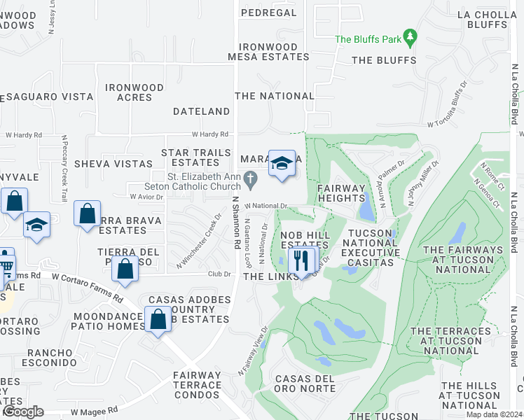 map of restaurants, bars, coffee shops, grocery stores, and more near 8569 North Gaetano Loop in Tucson