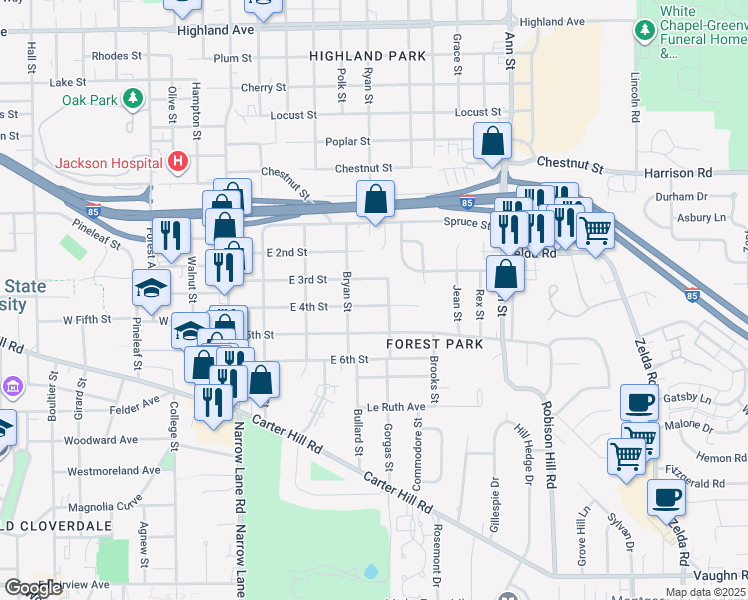map of restaurants, bars, coffee shops, grocery stores, and more near 2332 East 3rd Street in Montgomery