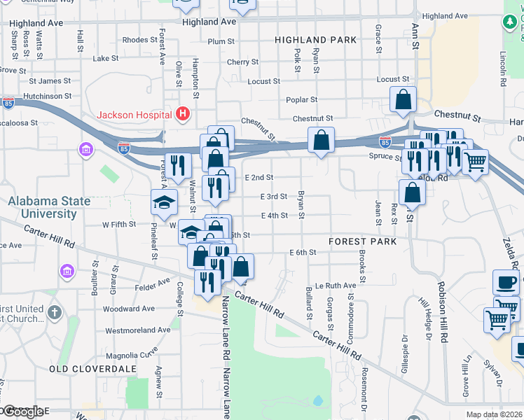 map of restaurants, bars, coffee shops, grocery stores, and more near 2205 East 4th Street in Montgomery