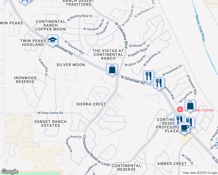 map of restaurants, bars, coffee shops, grocery stores, and more near 7480 West Sweet River Road in Tucson