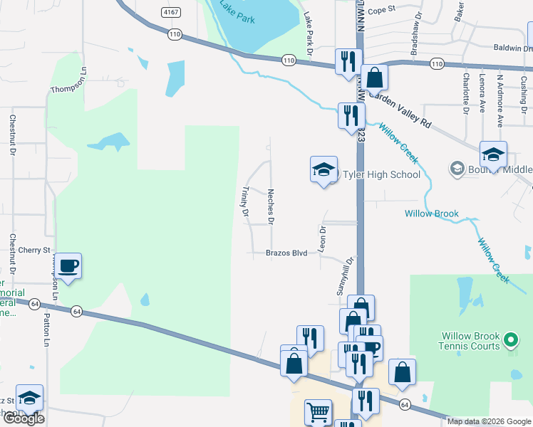 map of restaurants, bars, coffee shops, grocery stores, and more near 914 Neches Drive in Tyler