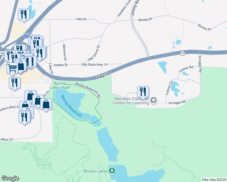 map of restaurants, bars, coffee shops, grocery stores, and more near 421 Willow Ridge Drive in Meridian