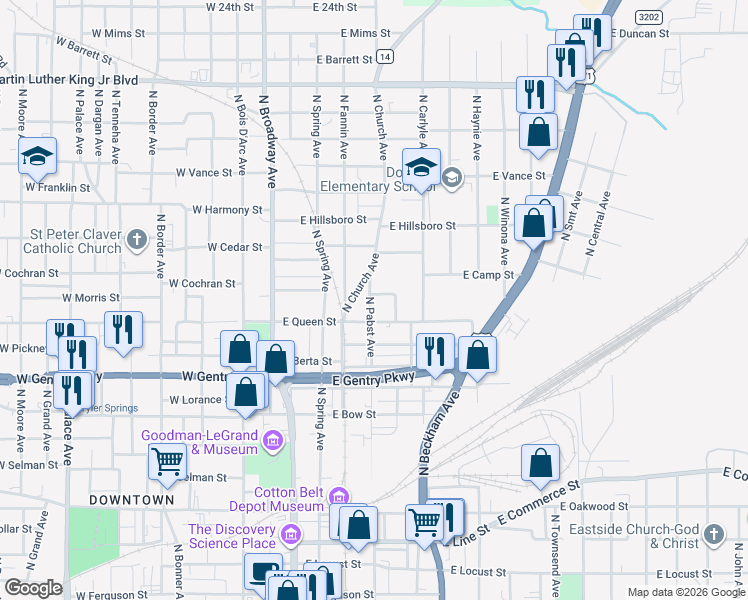 map of restaurants, bars, coffee shops, grocery stores, and more near 1227 North Holmes Avenue in Tyler