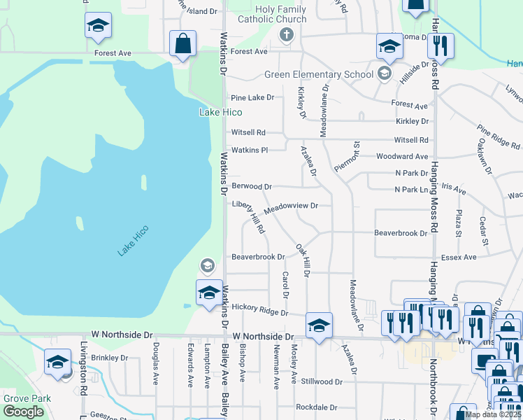 map of restaurants, bars, coffee shops, grocery stores, and more near 626 Meadowview Drive in Jackson