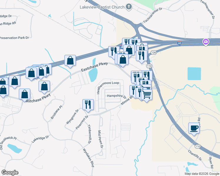 map of restaurants, bars, coffee shops, grocery stores, and more near 7348 Wimberly Lane in Montgomery