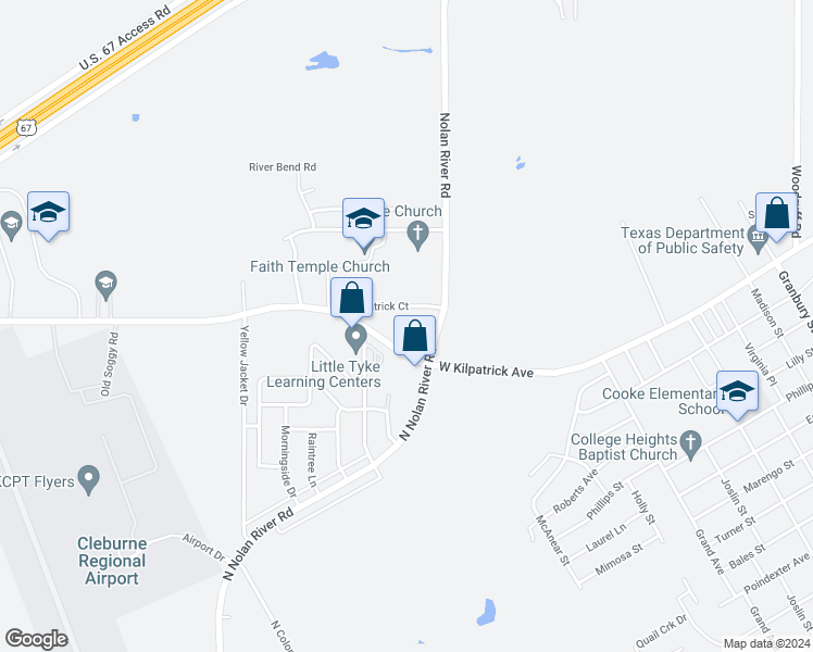 map of restaurants, bars, coffee shops, grocery stores, and more near 1402 Courtney Place in Cleburne