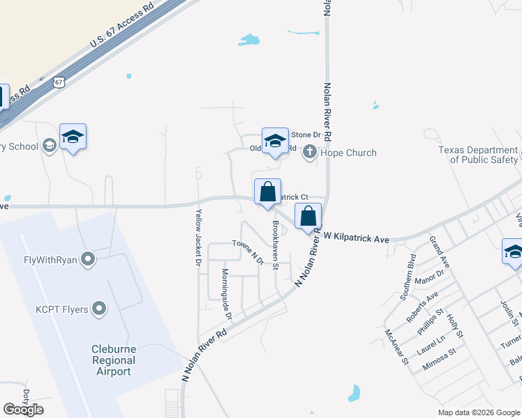 map of restaurants, bars, coffee shops, grocery stores, and more near 1521 West Kilpatrick Street in Cleburne