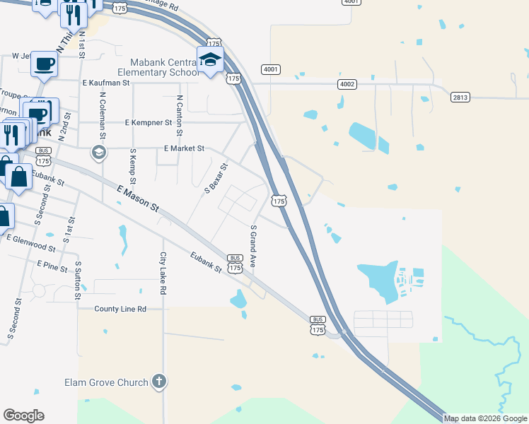 map of restaurants, bars, coffee shops, grocery stores, and more near 109 South Grand Avenue in Mabank
