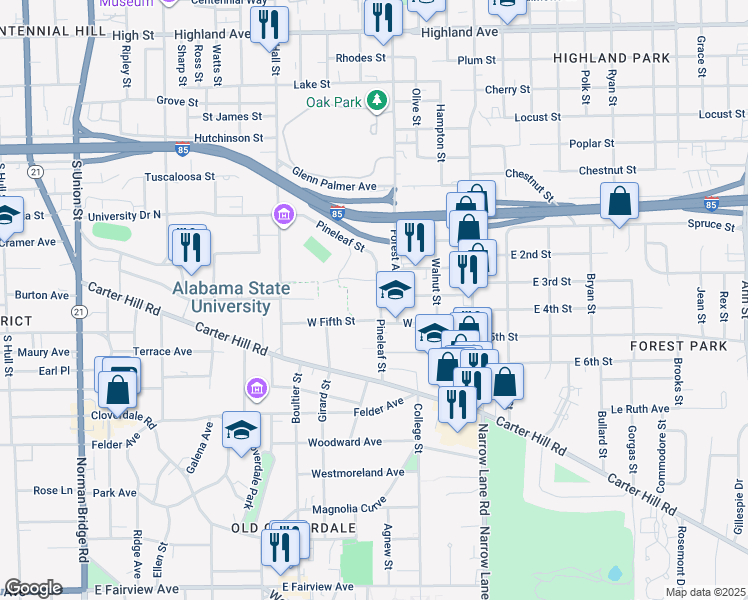 map of restaurants, bars, coffee shops, grocery stores, and more near 1800 Pineleaf Street in Montgomery