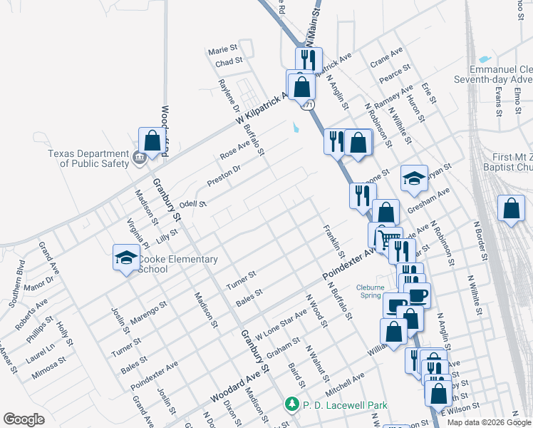 map of restaurants, bars, coffee shops, grocery stores, and more near 406 Euclid Street in Cleburne