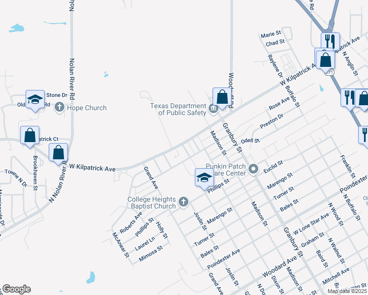 map of restaurants, bars, coffee shops, grocery stores, and more near 1915 Starling Court in Cleburne