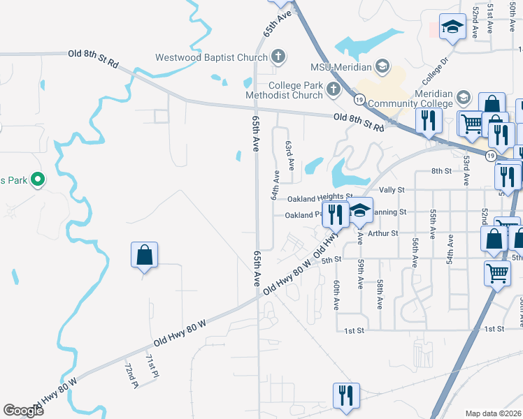 map of restaurants, bars, coffee shops, grocery stores, and more near 612 65th Avenue in Meridian