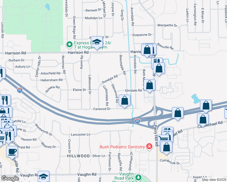 map of restaurants, bars, coffee shops, grocery stores, and more near 1132 Glenwood Road in Montgomery