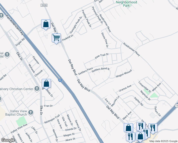 map of restaurants, bars, coffee shops, grocery stores, and more near 1905 Settlers Bend North in Las Cruces