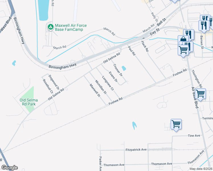 map of restaurants, bars, coffee shops, grocery stores, and more near 52 Longview Court in Montgomery