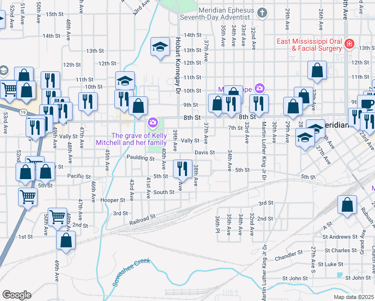 map of restaurants, bars, coffee shops, grocery stores, and more near 3804 Davis Street in Meridian