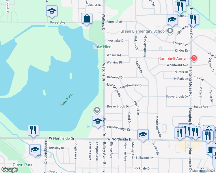 map of restaurants, bars, coffee shops, grocery stores, and more near 4431 Liberty Hill Rd in Jackson