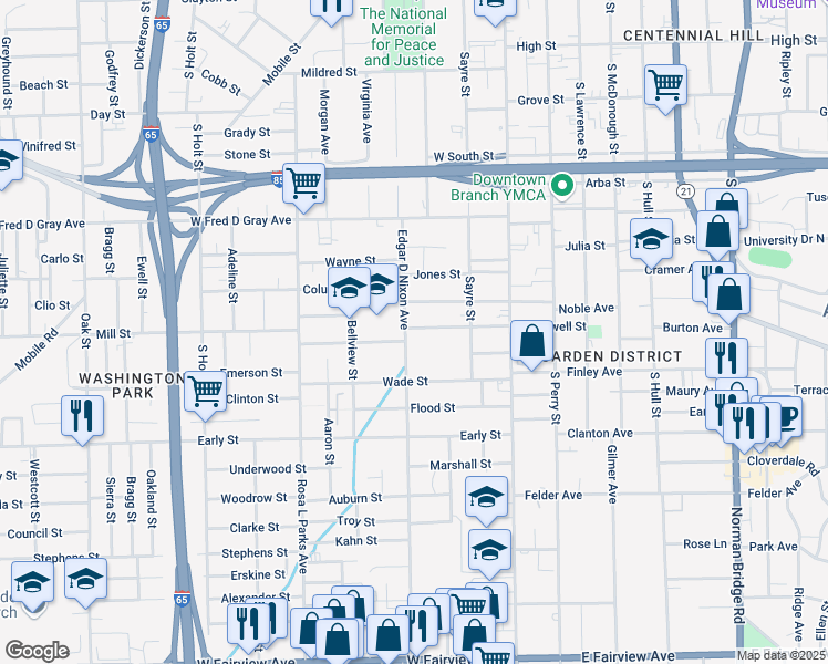 map of restaurants, bars, coffee shops, grocery stores, and more near 1105 Edgar D Nixon Avenue in Montgomery