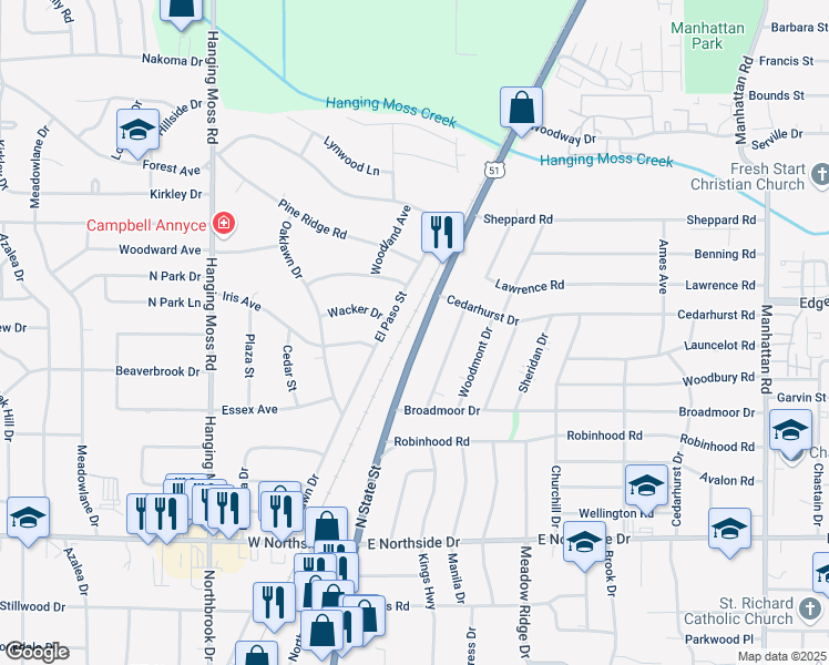 map of restaurants, bars, coffee shops, grocery stores, and more near 4220 El Paso Street in Jackson
