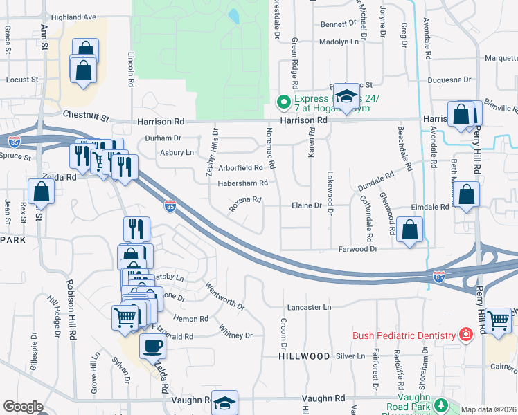 map of restaurants, bars, coffee shops, grocery stores, and more near 3358 Roxana Rd in Montgomery
