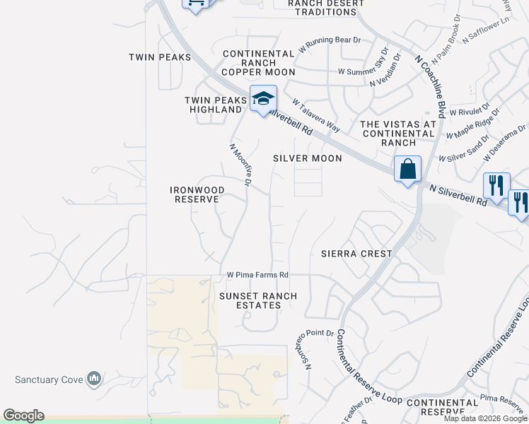map of restaurants, bars, coffee shops, grocery stores, and more near 8579 North Shadow Wash Way in Tucson