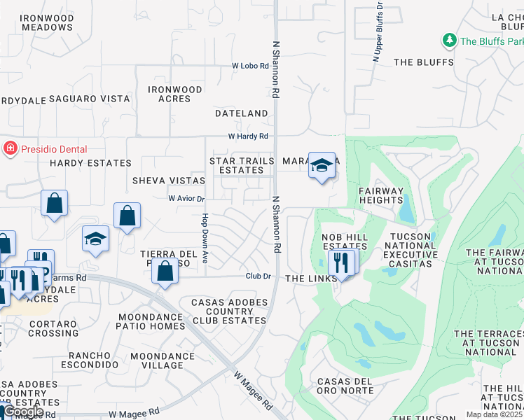 map of restaurants, bars, coffee shops, grocery stores, and more near 8575 North Winchester Creek Drive in Tucson