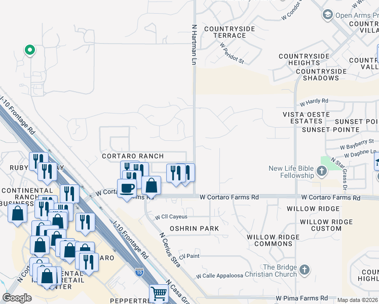 map of restaurants, bars, coffee shops, grocery stores, and more near 8572 North Deer Valley Drive in Tucson
