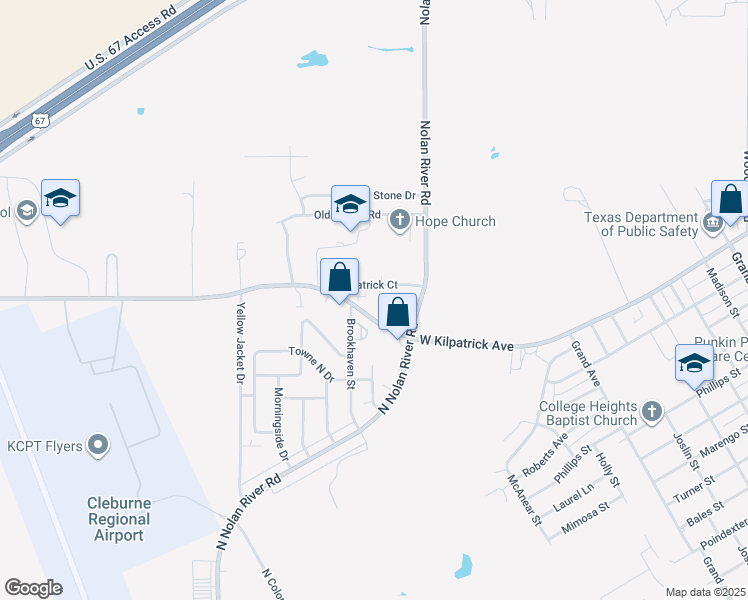 map of restaurants, bars, coffee shops, grocery stores, and more near 1412 Courtney Place in Cleburne