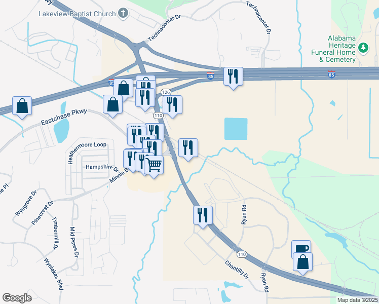 map of restaurants, bars, coffee shops, grocery stores, and more near 8000 Ryan Road in Montgomery