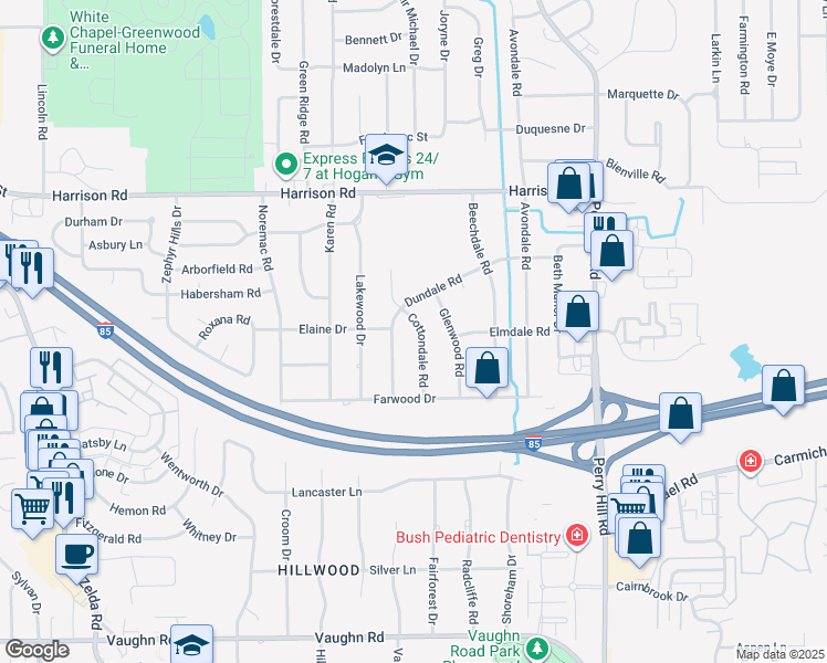map of restaurants, bars, coffee shops, grocery stores, and more near 1212 Cottondale Road in Montgomery