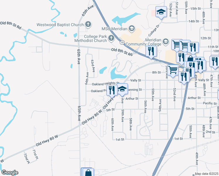 map of restaurants, bars, coffee shops, grocery stores, and more near 5948 Oakland Park Street in Meridian